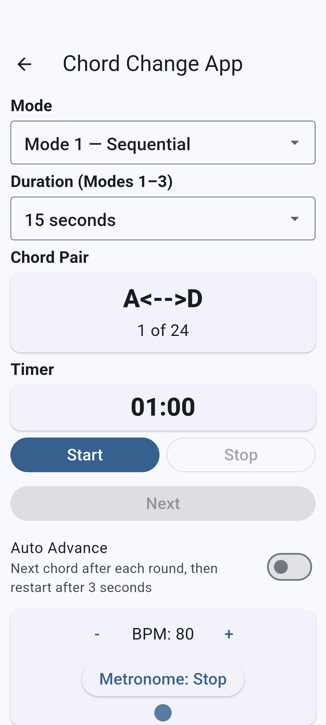 Guitar Chord Change Trainer sequential chord exercise